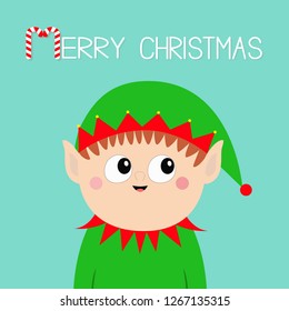 Merry Christmas. Santa Claus Elf head face icon. Green hat. New Year. Cute cartoon funny kawaii baby character. Flat design Blue background. Vector illustration