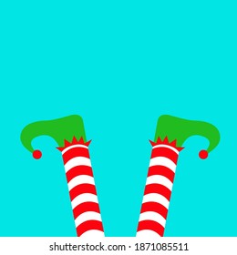 Merry Christmas. Santa Claus Elf legs with green shoes. Upside down. Red white striped socks. Happy New Year. Cute cartoon funny kawaii baby character. Flat design. Isolated. White background. Vector