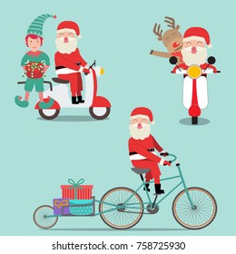 Merry christmas santa claus elf and reindeer  riding bicycle and scooter vector. illustration EPS10.