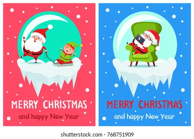 Merry Christmas Santa Claus and elf sitting on sleds, winter character asleep in armchair with laptop , vector illustration isolated on red and blue