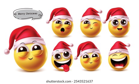 Feliz Navidad Santa Claus emoji Vector personajes conjunto. Lindos emojis de Navidad santa en sorpresa, guiño, feliz, divertido y risueño expresiones faciales amarillo emoticon carácter colección. Vector 