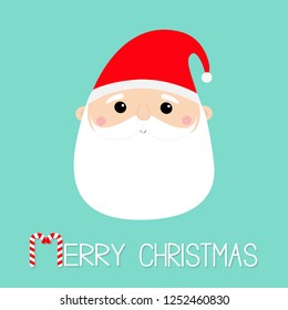 Merry Christmas. Santa Claus face head round icon. New Year. Red hat. White moustaches, beard. Cute cartoon funny kawaii baby character. Greeting card. Flat design. Blue background Vector illustration