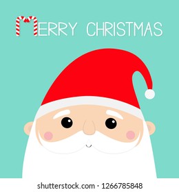 Merry Christmas. Santa Claus face head icon set. New Year. Red hat. Moustaches, beard. Cute cartoon funny kawaii baby character. Greeting card. Flat design. Blue background. Vector illustration