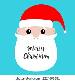 Merry Christmas. Santa Claus face head icon. Big red hat. New Year. Moustaches, round beard, brow. Cute cartoon funny kawaii baby character. Flat design. Blue background. Vector illustration