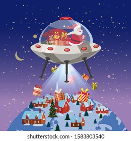 Merry Christmas Santa Claus flying in UFO spaceship flying saucer with gift boxes on little town winter night. Vector illustration isolated cartoon style
