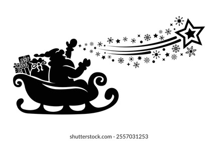 Merry Christmas, Santa Claus flying in sleigh with christmas star twinkle spark	