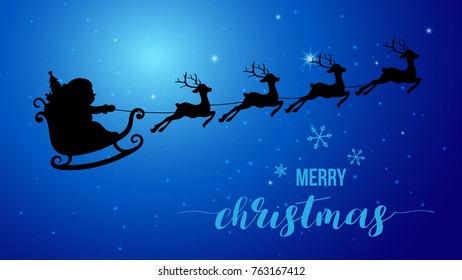 Merry Christmas Santa Claus flying in a sleigh with reindeer.Vector illustration.