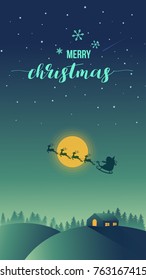 Merry Christmas Santa Claus flying in a sleigh with reindeer.Vector illustration.