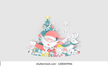 Merry Christmas. Santa Claus and friends prepare for Christmas. Happy Christmas day Celebrating together with friends. paper cut and craft design. vector, illustration.