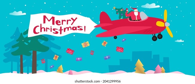merry christmas santa claus frying on airplane with gifts and christmas tree vector illustration