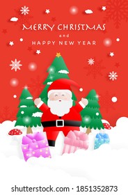 Merry Christmas. Santa claus, gift boxs, snowflakes, pine trees, mushrooms and text on red background. Vector illustration.