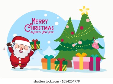 Merry Christmas Santa Claus Gift Box Drawing Cartoon Illustration Vector