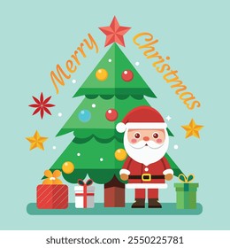 Merry Christmas with santa claus and gift design Art