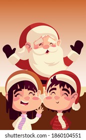 merry christmas santa claus with girl and boy celebration vector illustration