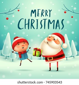 Merry Christmas! Santa Claus giving present to a kid in Christmas snow scene. Winter landscape. Merry Christmas! Santa Claus giving present to a kid in Christmas snow scene. Winter landscape.