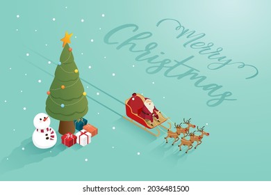 Merry christmas santa claus grandfather with reindeer snowmen christmas tree background gift pile for web banner. isometric vector illustration.