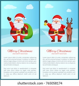 Merry Christmas Santa Claus and green bag, positive emotions, character standing with reindeer, information sample and letterings vector illustration