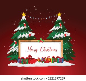 Merry Christmas! Santa Claus greets in Christmas snow scene winter landscape.
