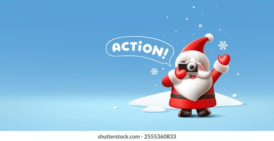 Merry christmas, Santa claus hand holding photo camera, say actions, on snow with blue banner background, Eps 10 vector illustration