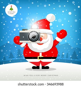 Merry christmas Santa claus hand holding photo camera on snow with blue background. Vector illustration