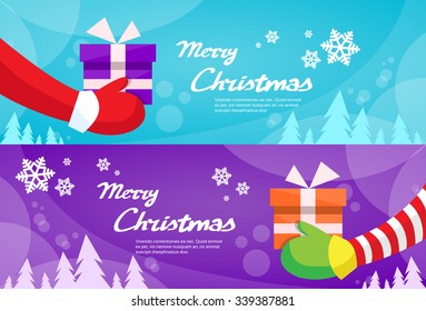 Merry Christmas Santa Claus Hands Hold Gift Box Greeting Card New Year Present Flat Vector Illustration