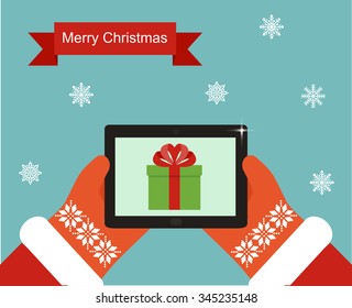 Merry Christmas Santa Claus Hands Hold touch pad  New Year Present Flat Vector Illustration