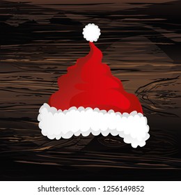 Merry Christmas, Santa Claus hat. Vector. Greeting card on wooden background