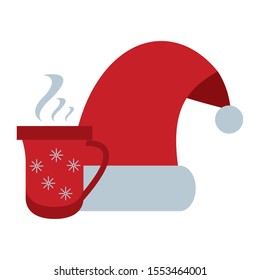 merry christmas santa claus hat and chocolate cup vector illustration design