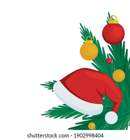 merry christmas santa claus hat accesory with pine leafs y and balls vector illustration design