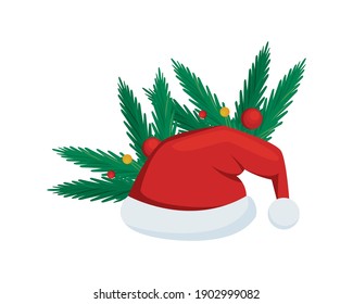 merry christmas santa claus hat accesory with pine leafs vector illustration design