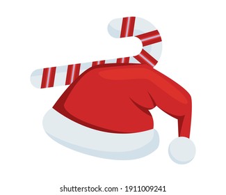 merry christmas santa claus hat accesory and sweet cane vector illustration design