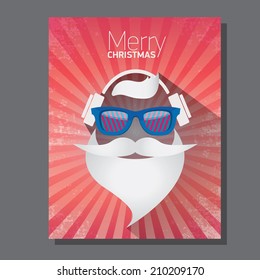 Merry Christmas santa claus hipster poster for party or greeting card on grunge red background with rays. Vector illustration