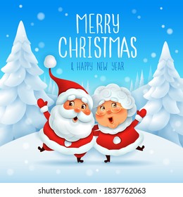 Merry Christmas! Santa Claus and his wife Mrs Claus arm over shoulder. Vector illustration of Christmas character on snow scene.