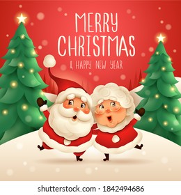 Merry Christmas! Santa Claus and his wife Mrs Claus arm over shoulder. Vector illustration of Christmas character on snow scene.