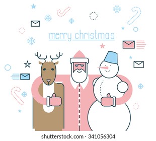 Merry Christmas. Santa Claus and his friends. Deer Rudolph and snowman. Flat line style. Concept design of new year.
