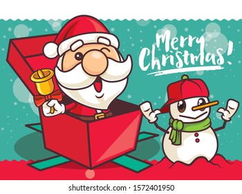 Merry Christmas! Santa Claus holding Christmas bell sit inside gift box wishing Merry Christmas with snowman. - vector