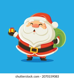 Merry Christmas. Santa Claus holding Christmas gift box present on hand and carrying a bag. Christmas character in vector