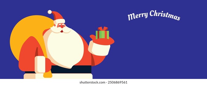 Merry Christmas Santa Claus holding present on empty space flat art graphic illustration. Festive greeting card banner for social media