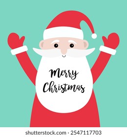 Merry Christmas. Santa Claus holding hands up. Red hat, costume, round beard. Cute cartoon kawaii funny character. New Year. Childish style. Greeting card. Isolated. Green background. Vector