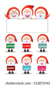 Merry Christmas. Santa Claus holding signs, open, closed, sorry, hiring, isolated on white background, vector illustration cartoon flat