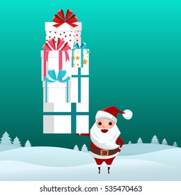 Merry christmas. Santa Claus holding pile of gift boxes. Christmas and Happy New Year. Cartoon Vector Illustration