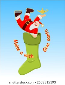 MERRY CHRISTMAS  SANTA CLAUS JUMPED UP FROM CHRISTMAS STOCKING WITH MAGIC LAMP CARTOON HAPPY HOLIDAY