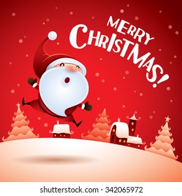 Merry Christmas! Santa Claus jumping up in Christmas snow scene. 