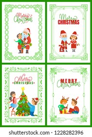 Merry Christmas, Santa Claus with kid sitting on lap and making wish vector. Father and daughter decorating pine tree, children unpacking presents