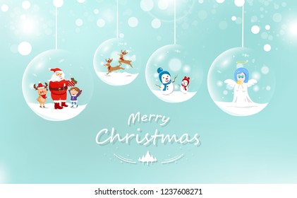 Merry Christmas, Santa Claus and kid with gift, reindeer and snowman, cute angel in glossy ball, decoration celebration greeting card, winter holiday season background vector