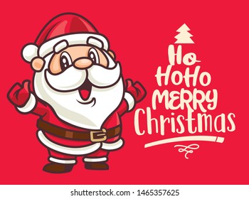 Merry Christmas. Santa Claus with Merry Christmas lettering greeting card in red background  - Vector