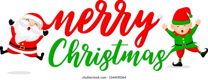 Merry Christmas with Santa Claus and little elf. Cartoon character design. Illustration isolated on white background.