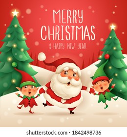 Merry Christmas! Santa Claus and Little Elves holding hands. Vector illustration of Christmas character on snow scene.