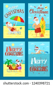Merry Christmas, Santa Claus lying on sunbed, surfboard and sleigh, man diving in sea. Color umbrella, father frost in red hat drinking refreshing cocktail