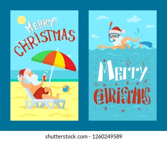 Merry Christmas, Santa Claus lying on sunbed under color umbrella. Father frost in red hat diving in scuba mask in sea or ocean in red hat, vector at coastline flat style